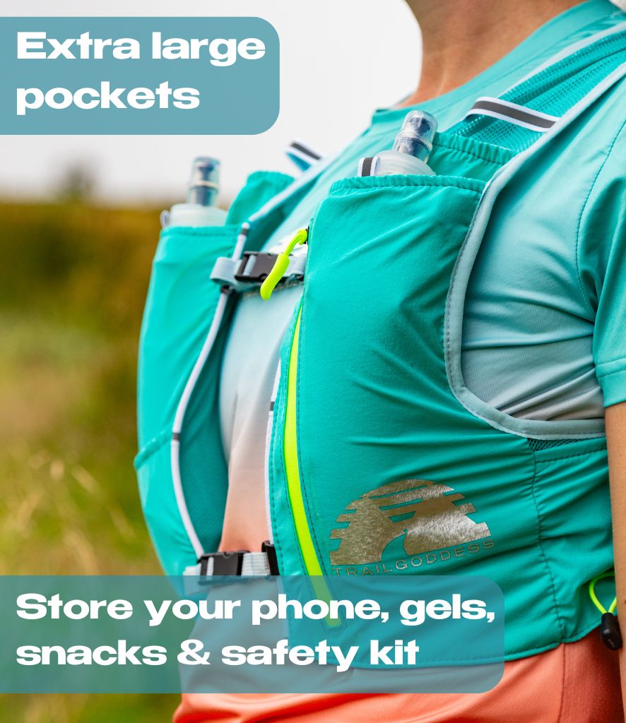 Back view of Artemis women's trail running vest showing pole carry system
