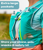 Back view of Artemis women's trail running vest showing pole carry system