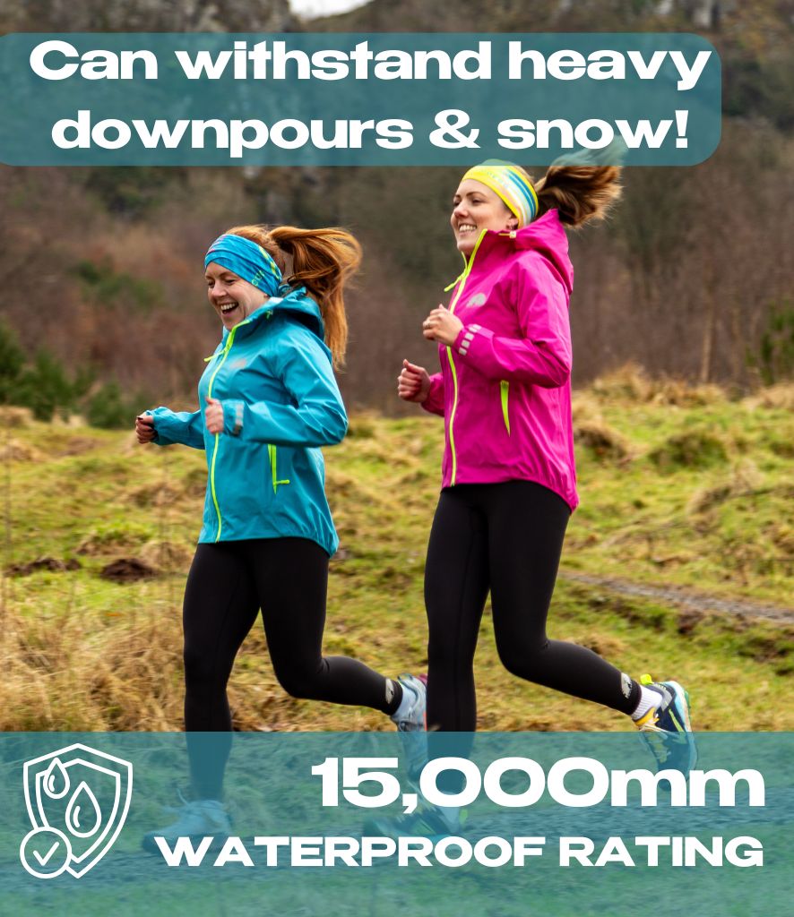 Two women running outdoors wearing waterproof jackets with text about their waterproof rating.