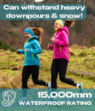 Two women running outdoors wearing waterproof jackets with text about their waterproof rating.