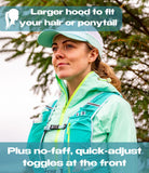 Woman wearing a teal jacket and cap with text about hood fit and toggles.