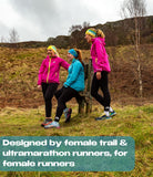 Three women in colorful running jackets on a trail with text about female trail and ultramarathon runners.