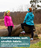 Two women in colorful jackets sitting on logs in a natural setting with text about fabric properties.