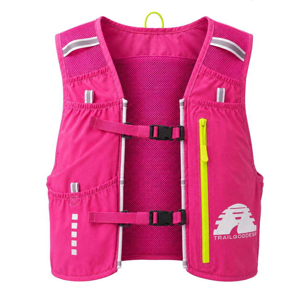 Pink running vest with reflective stripes and a visible brand logo on a white background