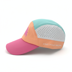 Side profile view of a pink colourway trail running hat