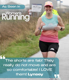 Women wearing Atalanta running shorts on trail - rear view showing no ride-up fit and flattering silhouette